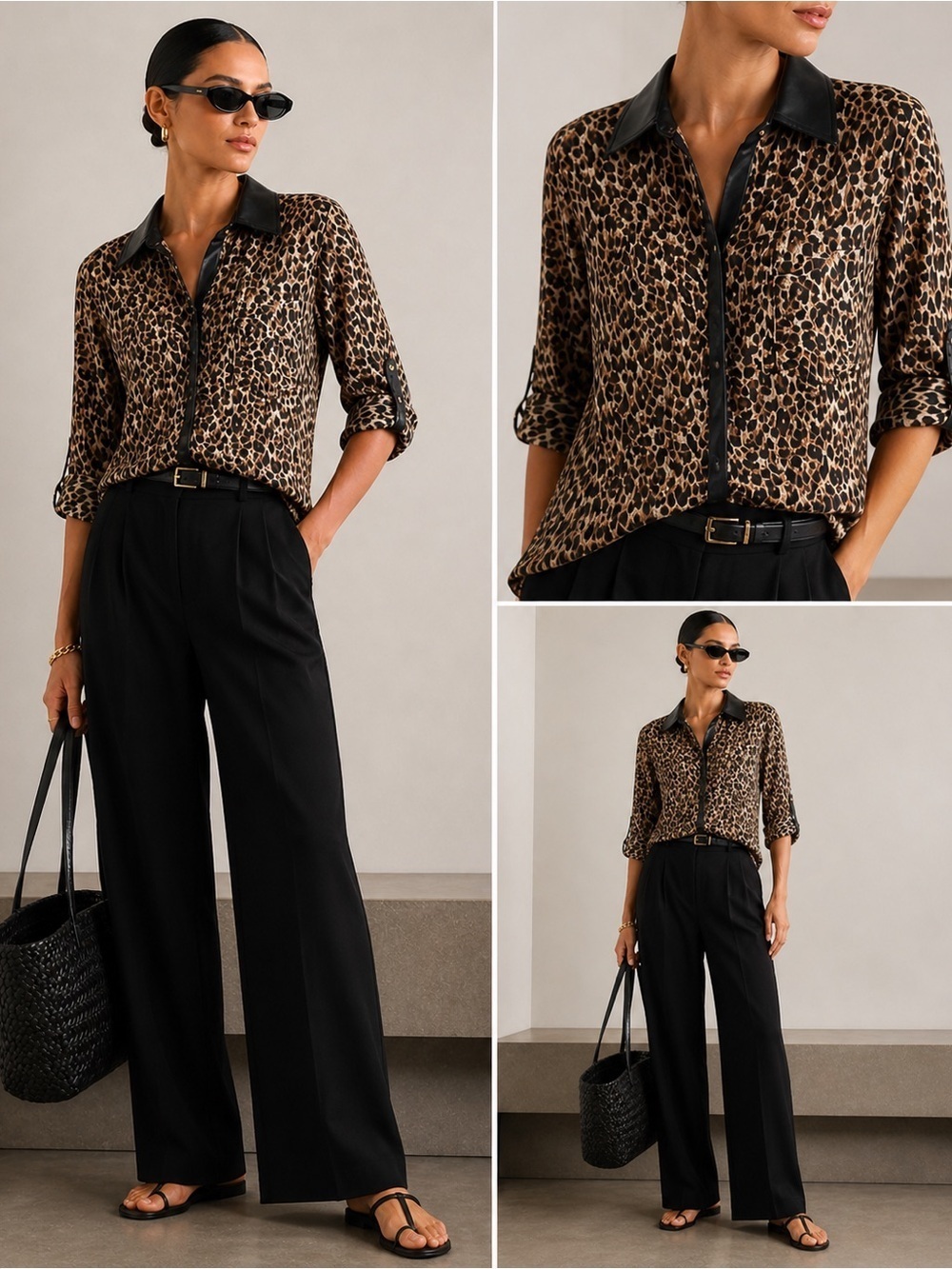 Gianni Bini leopard/animal print chiffon long sleeve sheer blouse leather trim